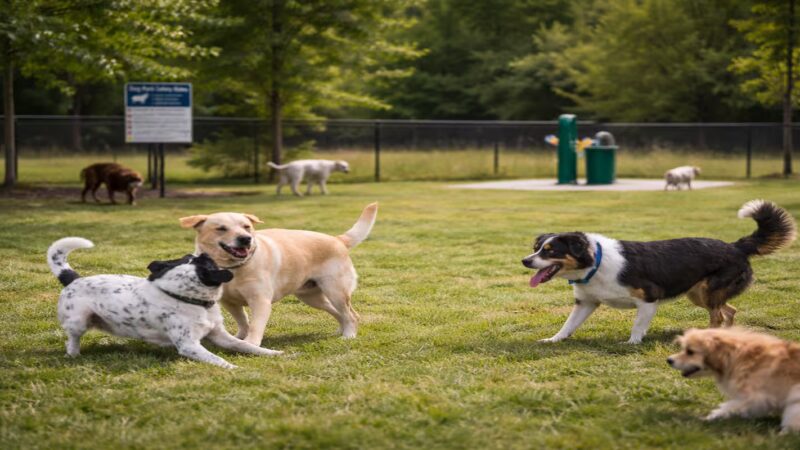 Dogs of different breeds playing calmly at a fenced dog park on a sunny day