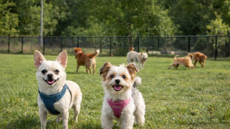 Two small dogs standing in a dog park while larger dogs play in the background