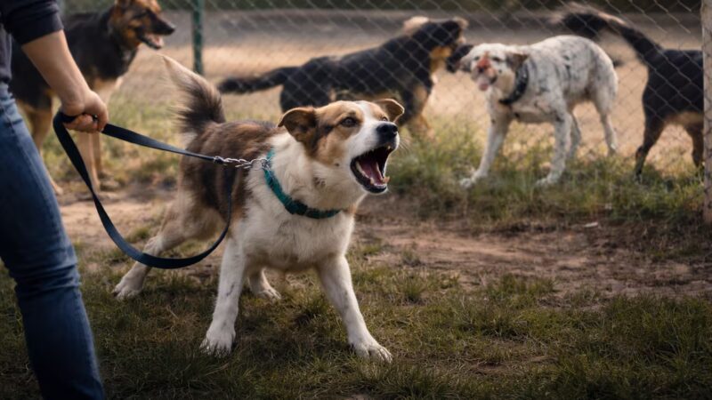 Reactive dog barking on leash at a fenced dog park while other dogs play in the background