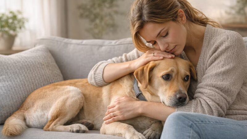 Woman comforting an anxious dog showing signs of dog anxiety at home
