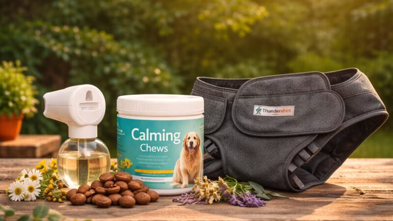 Dog calming products including diffuser, calming treats, and anxiety vest