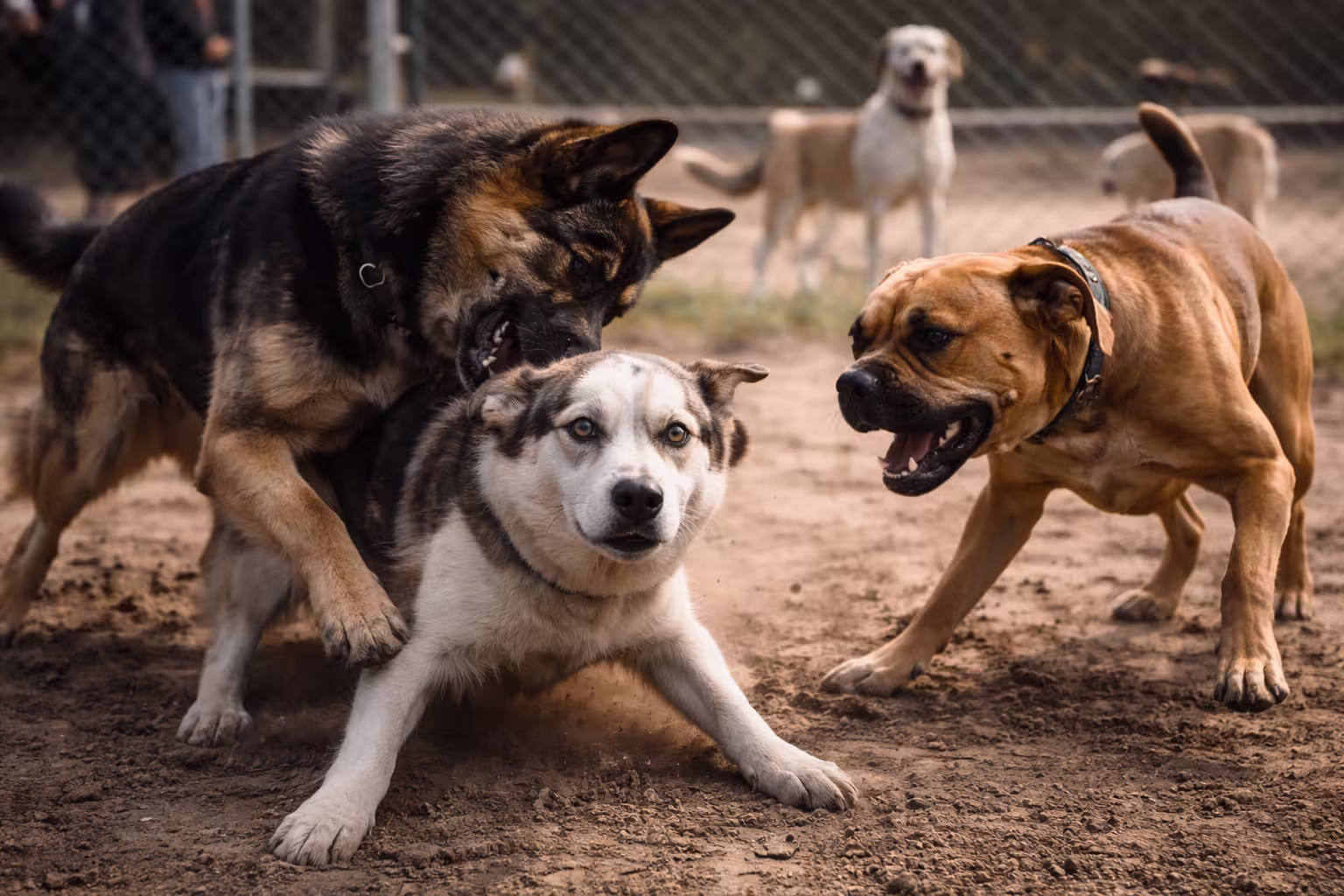 Two large dogs crowding a tense husky mix during rough play at a dog park