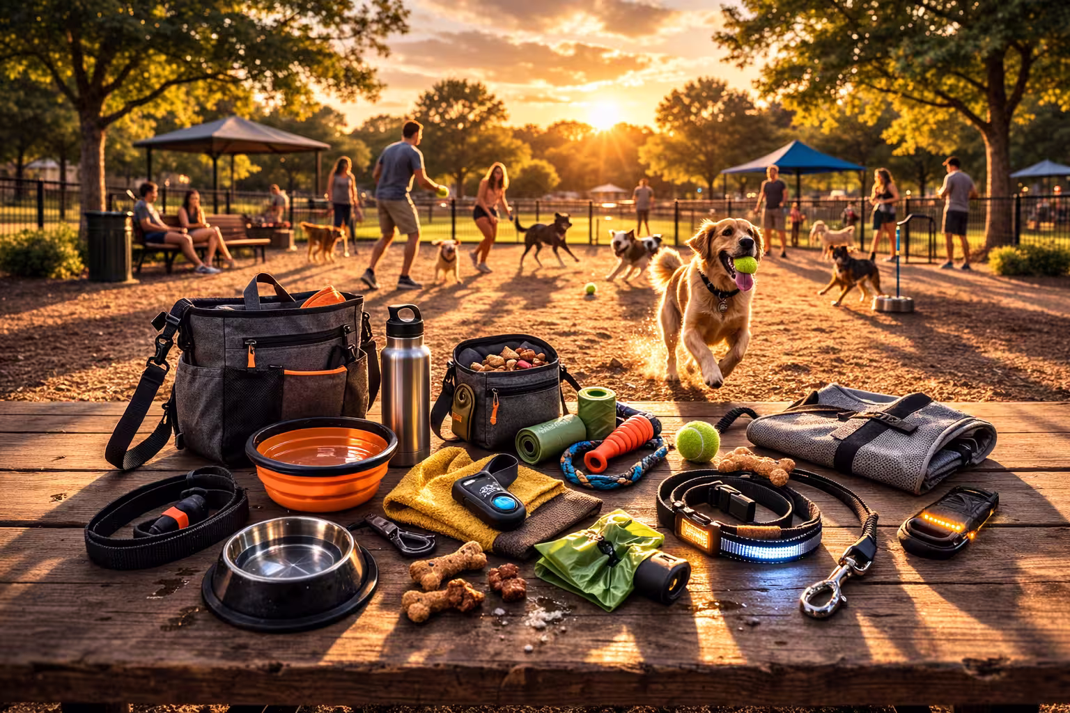 Dog park essentials including water bowl, leash, treats, waste bags, toys, and towel laid out on a table with dogs playing in the background