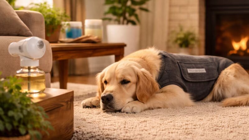 Dog wearing an anxiety vest resting calmly at home near a pheromone diffuser