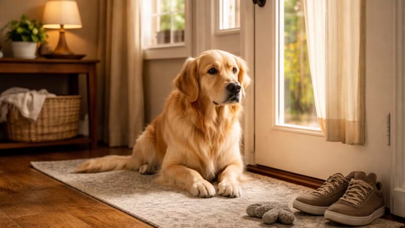 Dog waiting calmly by the front door showing signs of separation anxiety