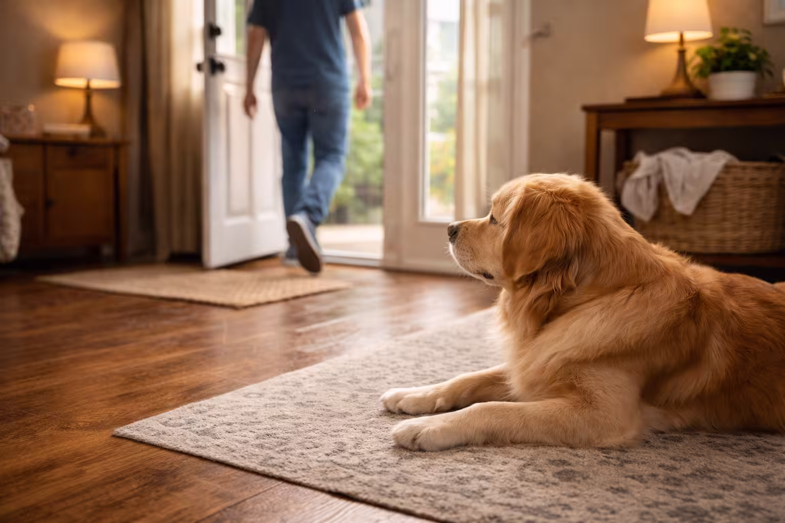 Owner stepping outside while dog remains calm during separation anxiety training