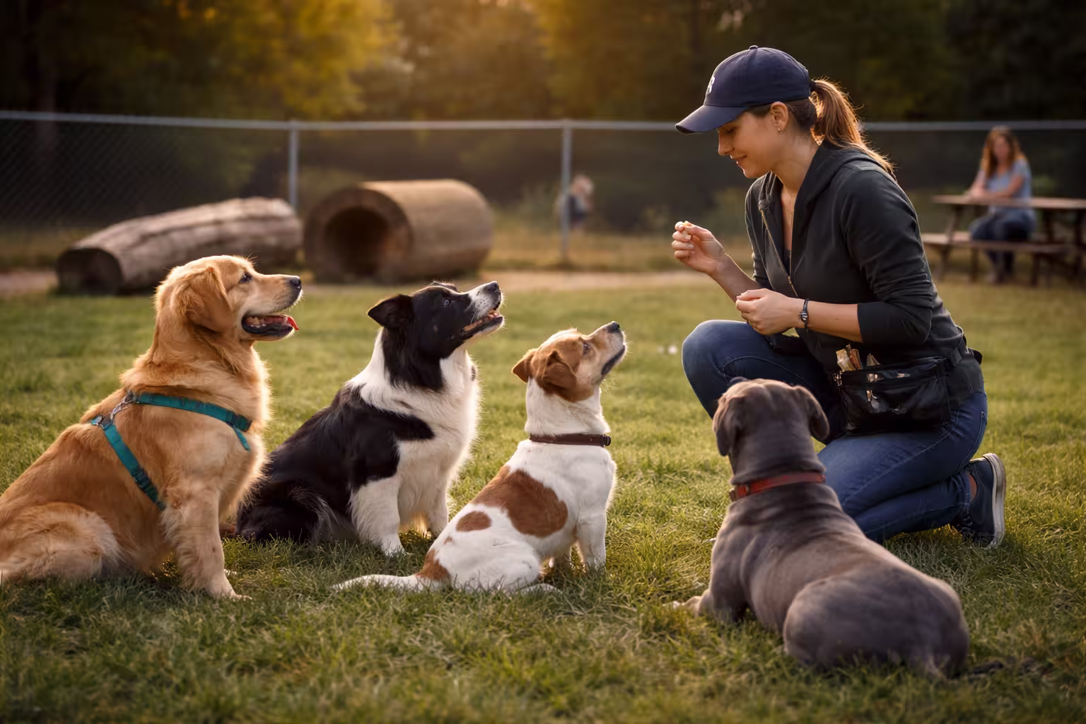 Dog trainer guiding a small group of calm dogs sitting attentively in a fenced dog park
