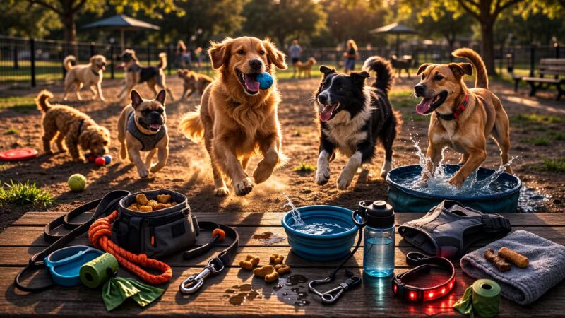 What to bring to the dog park essentials including water bowl, leash, treats, and toys on a table with dogs playing in the background