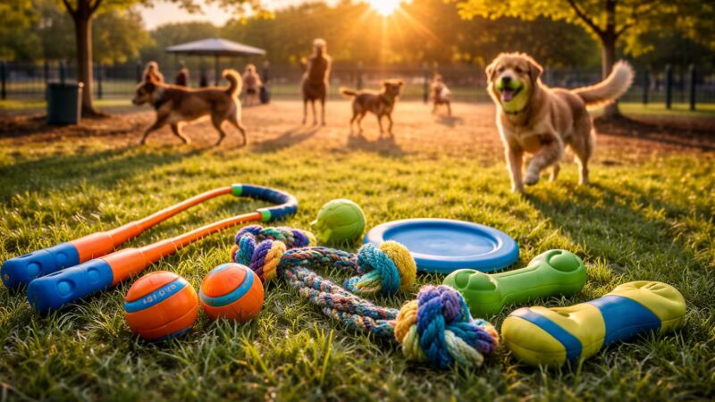 Dog park toys including rubber balls, rope tug toys, and fetch toys on grass with dogs playing in a dog park in the background