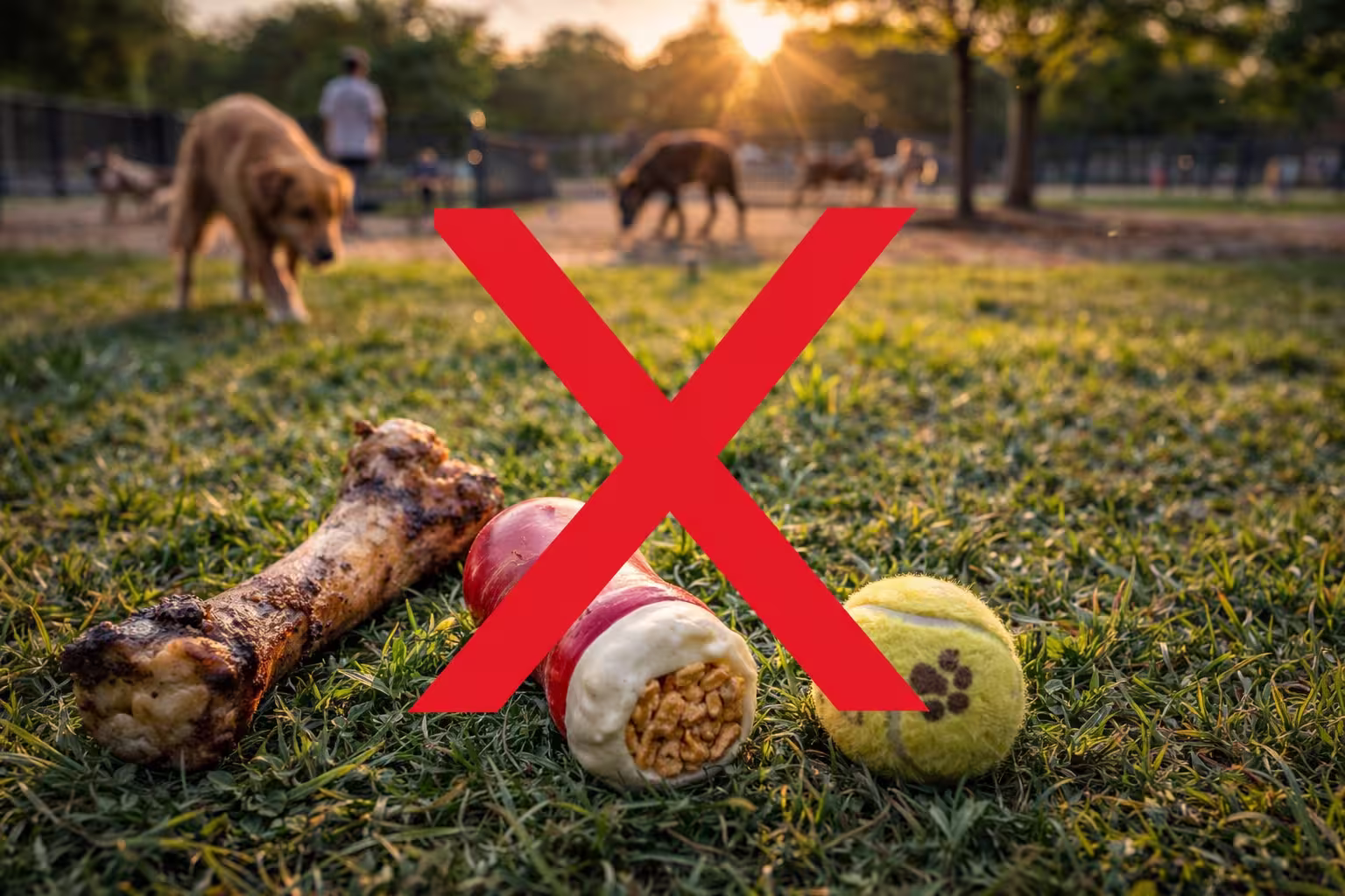 Dog park toys to avoid including bones, stuffed chew toys, and tennis balls marked with a red X while dogs play in a dog park background
