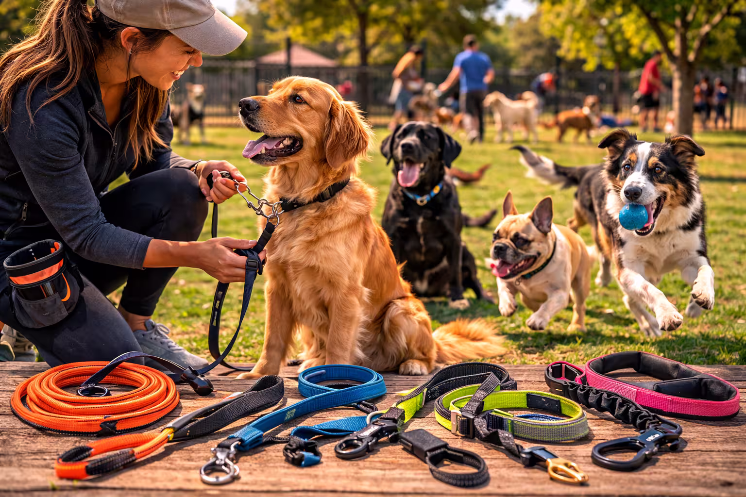 Dog owner attaching a leash to a golden retriever at a busy dog park while other dogs play nearby