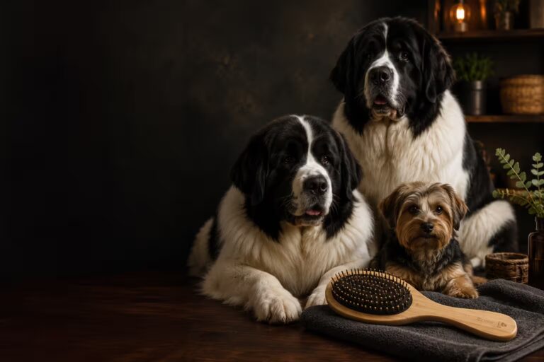 Two Landseer Newfoundlands and a small long-haired Dorkie beside a bamboo boar bristle pet brush in a dark grooming studio setting.