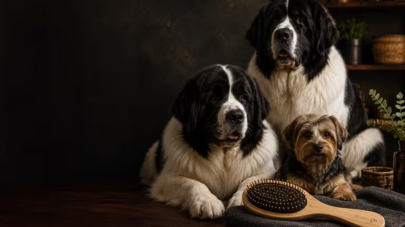 Two Landseer Newfoundlands and a small long-haired Dorkie beside a bamboo boar bristle pet brush in a dark grooming studio setting.