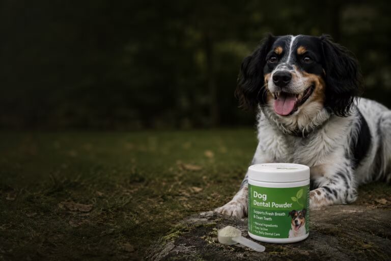 Happy dog beside a dog dental powder container for a Vetinutrix Dog Dental Powder review