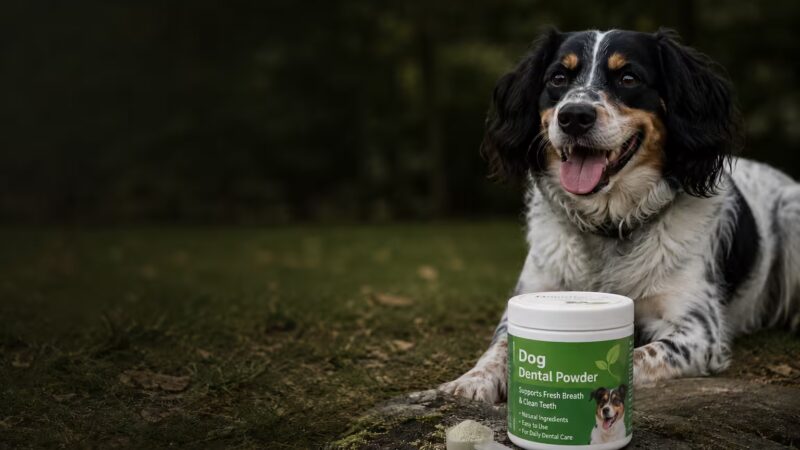 Happy dog beside a dog dental powder container for a Vetinutrix Dog Dental Powder review