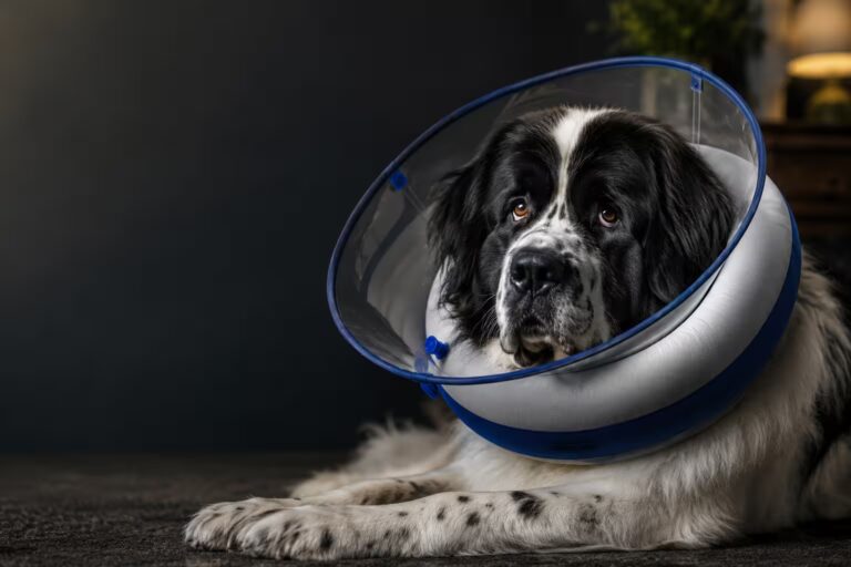 Landseer Newfoundland dog wearing a recovery collar for hot spot care and skin irritation treatment
