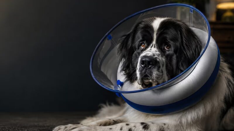 Landseer Newfoundland dog wearing a recovery collar for hot spot care and skin irritation treatment