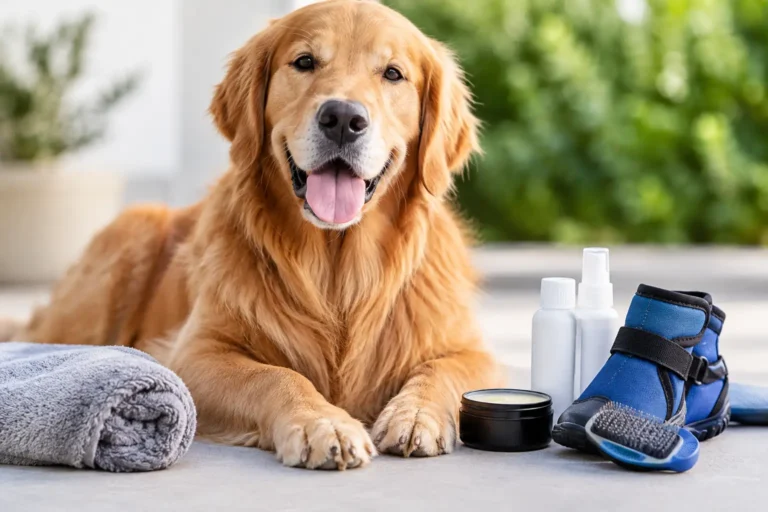 Golden retriever resting beside a towel and dog boots for paw care