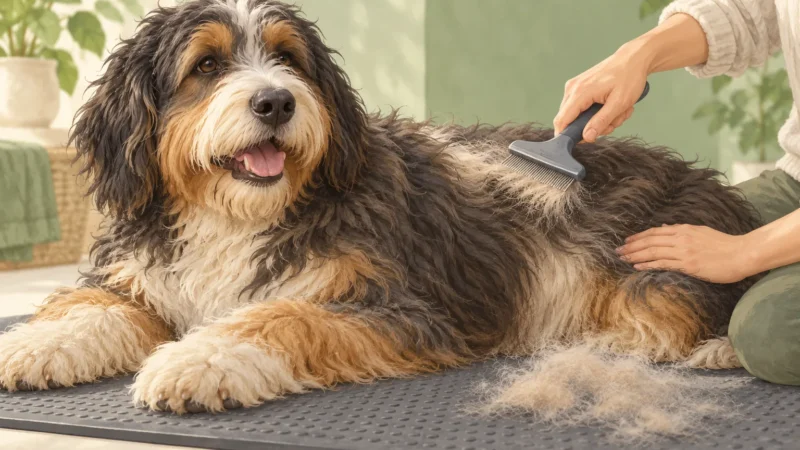 Editorial illustration of gentle brushing on a relaxed shaggy dog