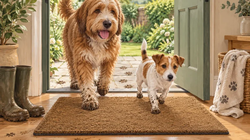 Editorial illustration of two muddy dogs stepping onto an unbranded entry mat